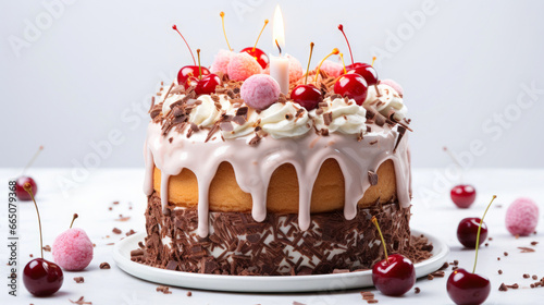 A birthday confection with candle and berries on a white background photo