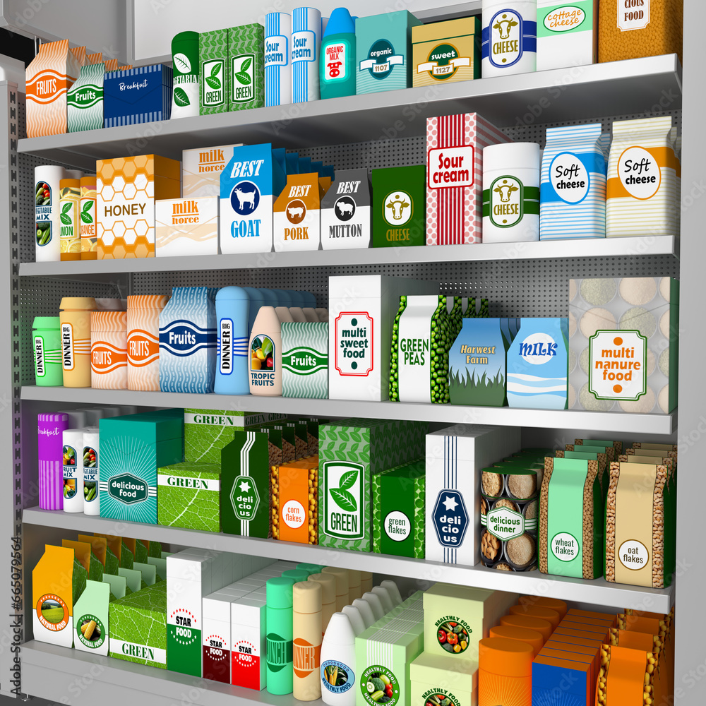 Shelf rack, display case in a supermarket with display of goods. 3d illustration