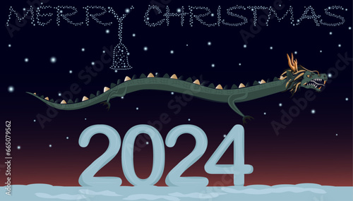 dragon, 2024, snow,merry christmas, stars in the sky, cones on the tree, bell from the stars, snow winter, new year, 
