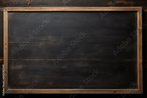 A vintage-style blackboard with a rustic wooden frame mounted on a wall