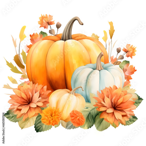 Beautiful pumpkins floral arrangement in rustic style. Watercolor painted pumpkin with rust burnt orange flowers and  leaves  isolated on white background.