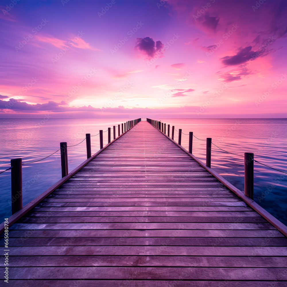 A pier stretching out into the ocean at purple sunset. Generative AI