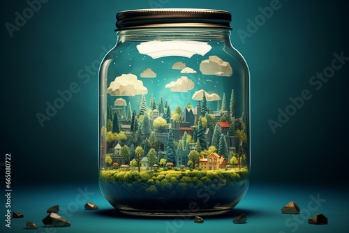 Illustration of a small world inside a clear jar. Generative AI