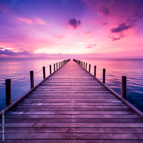 A pier stretching out into the ocean at purple sunset. Generative AI