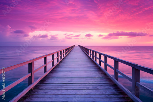 A pier stretching out into the ocean at purple sunset. Generative AI