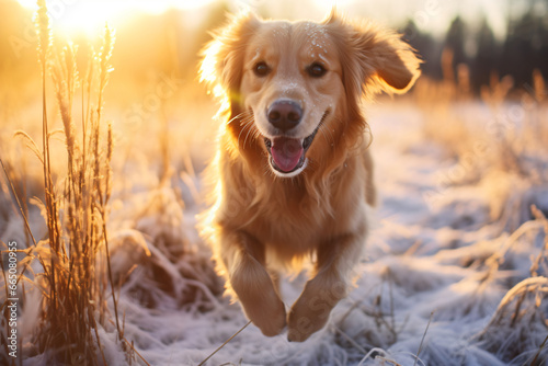 Golden retriever running towards the camera in a field with tall grass and trees in the distance during sunrise creating a warm glow.