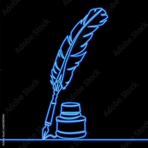 Quill, inkwell feather pen Elements of Law and Justice isolated icon neon vector illustration concept