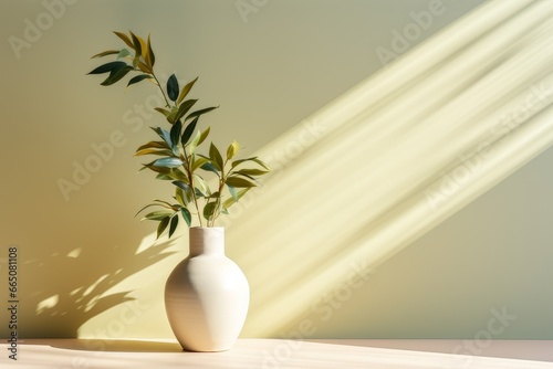 White ceramic vase with green Magnolia leaves as abstract background. Interior Design  neutral product showcase  mock up. Copy space for text. AI generated image. 