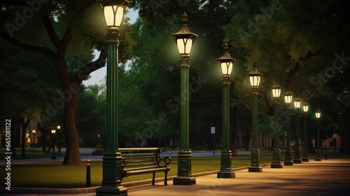 Park Illumination: These elegant lamp posts in green public spaces create a historic and tranquil ambiance. Perfect for enhancing the beauty of city parks and walkways © pvl0707