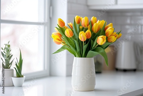 A bouquet of tulips on a white table. #665081919