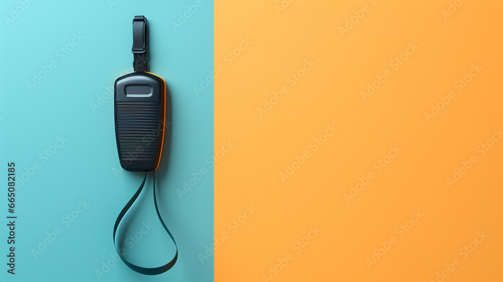 Walkie talkie hanged on the blue yellow wall background with copy space Walkie talkie hanged on the blue yellow wall background with copy space