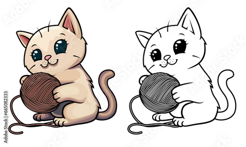 Cute cat playing with a Yarn vector illustration, kitten playing with wool , cat playing with a ball vector image