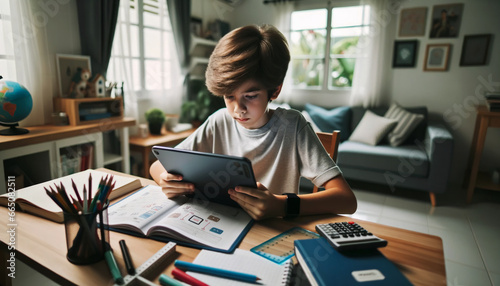 A young Gen Alpha child deeply involved in an online lesson via their tablet.