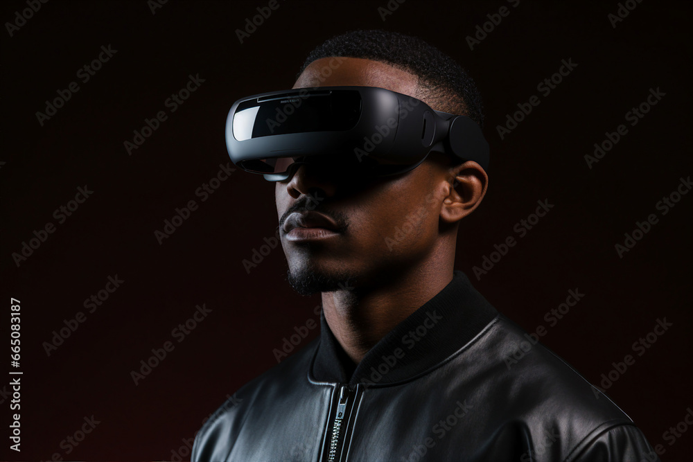 Excited person headset user wearing vr glasses watching surreal colorful fantasy world made with generative AI Excited person headset user wearing vr glasses watching surreal colorful fantasy world made with generative AI