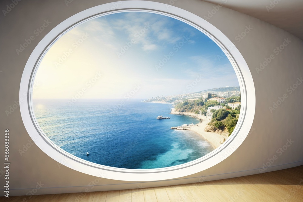 An image of a breathtaking seascape view through a round window in a living room. Generative AI
