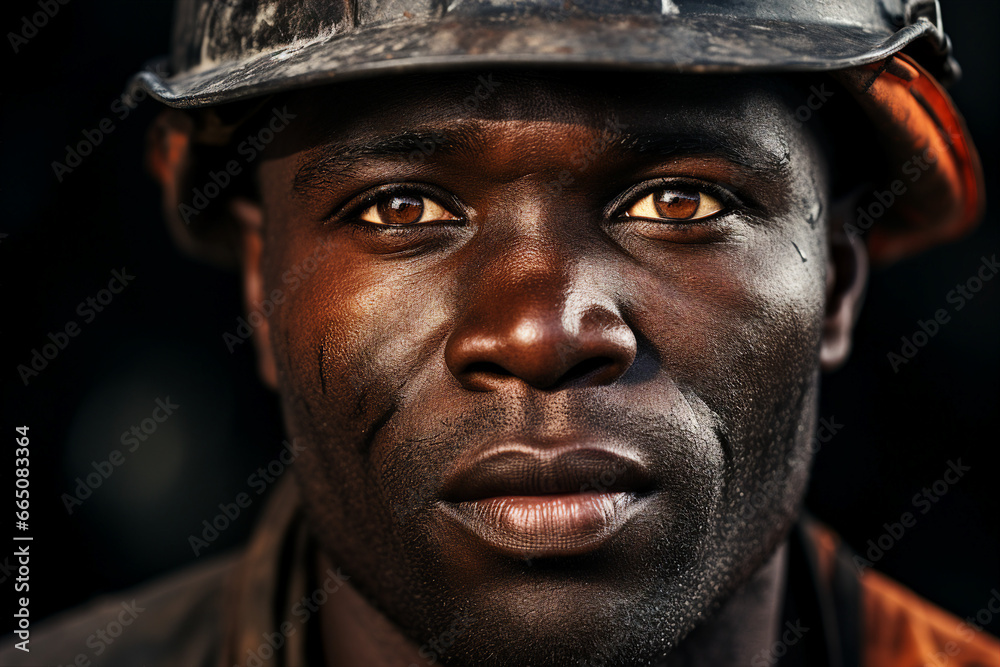 Generative ai technology portrait of mine worker wearing hardhat helmet standing in a mine Generative ai technology portrait of mine worker wearing hardhat helmet standing in a mine