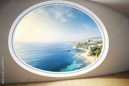 An image of a breathtaking seascape view through a round window in a living room. Generative AI