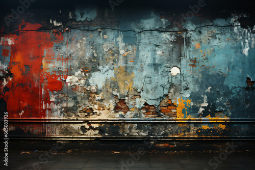 Weathered wall with layers of blue-grey, red, and yellow peeling paint in a state of disrepair with visible cracks and holes against a dark out-of-focus background. © Arma Design