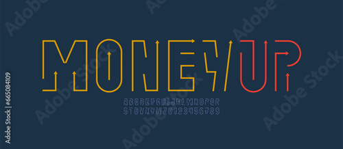 Alphabet narrow font from rounded thin line with arrows, long letters and numbers made in linear style, vector illustration 10EPS