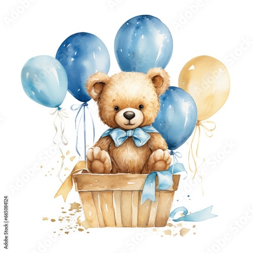 A watercolor baby teddy bear is sitting in the basket with blue and gold balloons. © Anowar