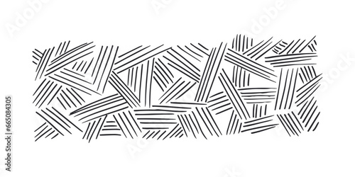 Horizontal pattern, texture, line hand drawn. Hatch drawing pen ink and crosshatch draw pencil sketch Doodle scratch style. Black shape on white background. Vintage graphic design. Vector illustration