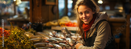 Young fishmonger woman at vibrant South American coastal market.