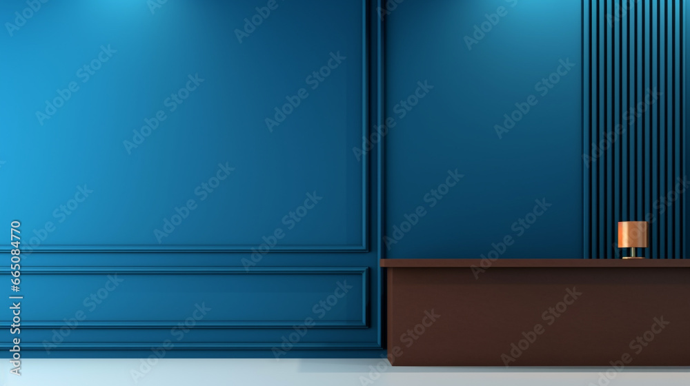 A front desk in the waiting room of an office building in blue brown color with a simple modern design and minimalist aesthetic A front desk in the waiting room of an office building in blue brown color with a simple modern design and minimalist aesthetic