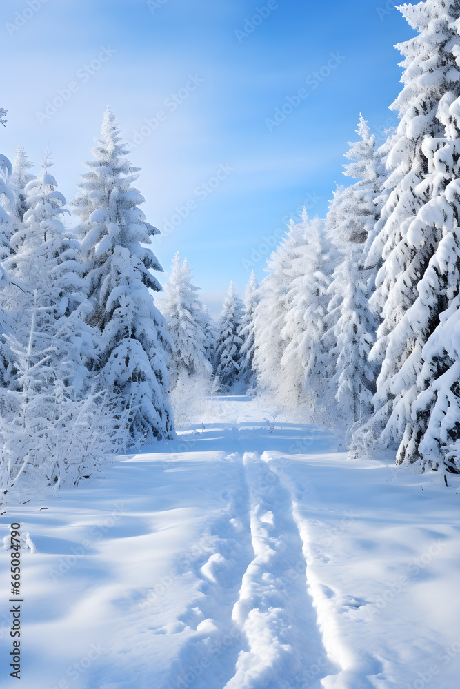 Winter Wonderland, Enchanting snow-covered pine trees in a frost-kissed landscape Winter Wonderland, Enchanting snow-covered pine trees in a frost-kissed landscape
