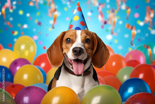 Beagle with party hat, balloons background