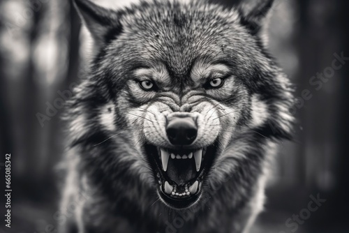 Greyscale closeup shot of an angry wolf with a blurred background. © Anowar