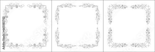 Set of three vector frames with citrus trees. Elegant black and white monochrome ornamental corners. Vector frame for all sizes and formats. Isolated vector illustration.