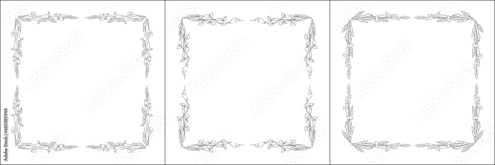 Set of three vector frames with kala flowers. Elegant black and white monochrome ornamental corners. Vector frame for all sizes and formats. Isolated vector illustration. Set of three vector frames with kala flowers. Elegant black and white monochrome ornamental corners. Vector frame for all sizes and formats. Isolated vector illustration.