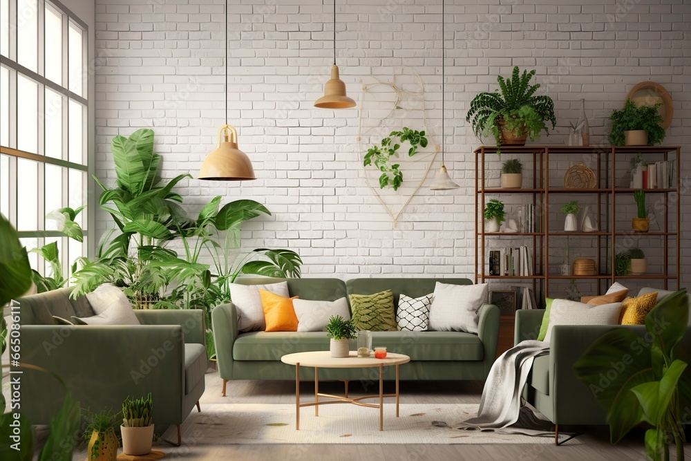 Interior of living room with sofas, tables, and houseplants.