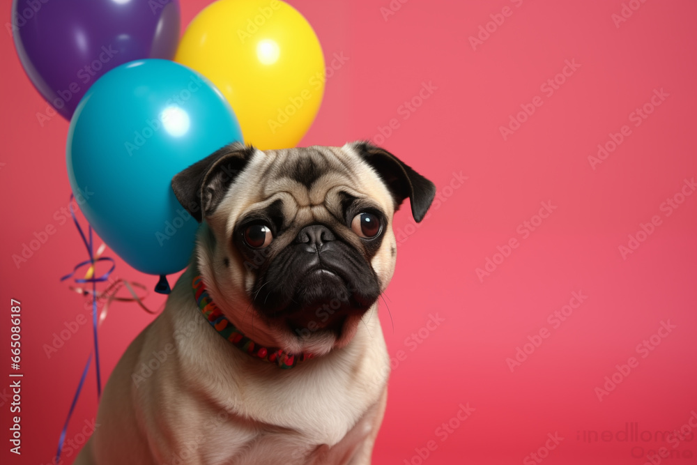 Pug with party hat, balloons background