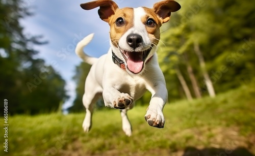 Jack Russel Parson Dog Run Toward The Camera Low Angle High Speed Shot. © Anowar