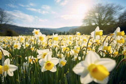Daffodil blooms in lush spring meadow. Generative AI
