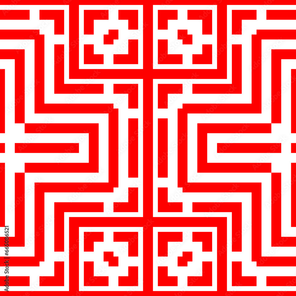 Repeated red figures on white background. Ornamental wallpaper. Seamless surface pattern design with symmetrical lines, polygons and brackets ornament. Ethnic motif. Digital paper for print. Vector Repeated red figures on white background. Ornamental wallpaper. Seamless surface pattern design with symmetrical lines, polygons and brackets ornament. Ethnic motif. Digital paper for print. Vector