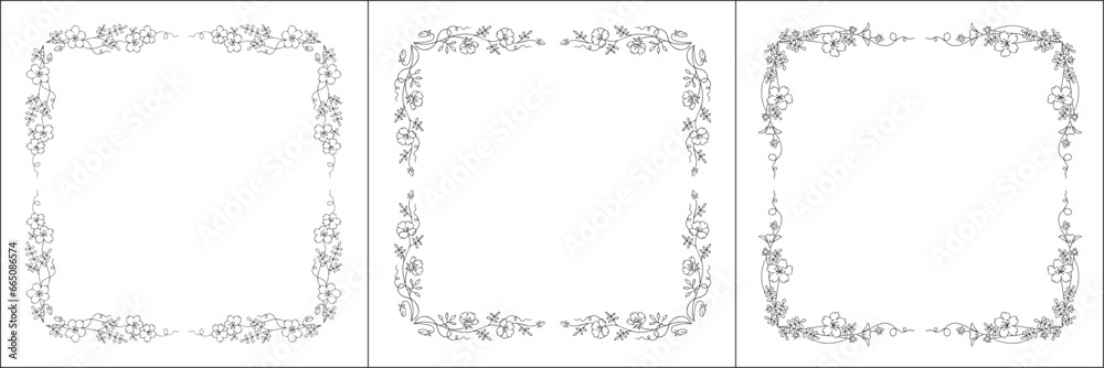 Black and white vegetal ornamental frame with baby blue eyes flowers, decorative border, corners for greeting cards, banners, business cards, invitations, menus. Isolated vector illustration. Black and white vegetal ornamental frame with baby blue eyes flowers, decorative border, corners for greeting cards, banners, business cards, invitations, menus. Isolated vector illustration.