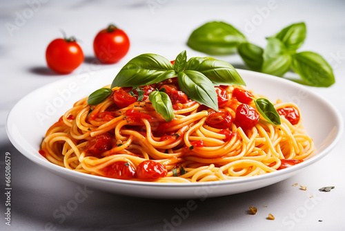 Spaghetti with tomato sauce, basil and parmesan cheese on a white background