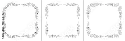 Black and white vegetal ornamental frame with spring trees blossom, decorative border, corners for greeting cards, banners, business cards, invitations, menus. Isolated vector illustration.