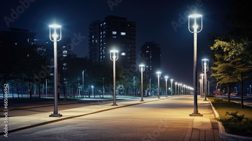 City of Lights: A modern street LED lighting pole illuminates the urban nightscape, blending eco-energy technologies with the vibrant city. © pvl0707