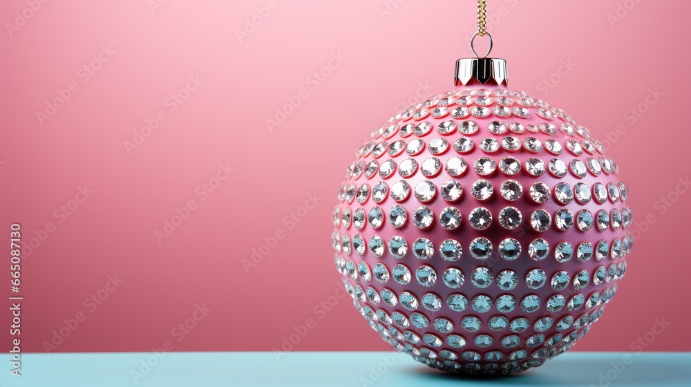 Obraz premium Shining pink Christmas luxurious ball in precious crystals on a pink background. Happy new year mood