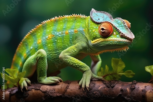 A vibrant chameleon perched on a lush tree branch