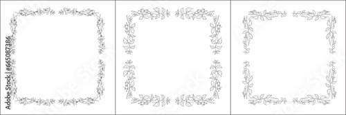 Black and white vegetal ornamental frame with fuchsia flowers, decorative border, corners for greeting cards, banners, business cards, invitations, menus. Isolated vector illustration.