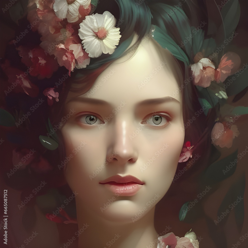 girl with flowers on head, ai generative girls with flowers on head, women portrait covered with flowers ai generative, floral portrait ai generative, ai generative beautiful women portrait, floral ai