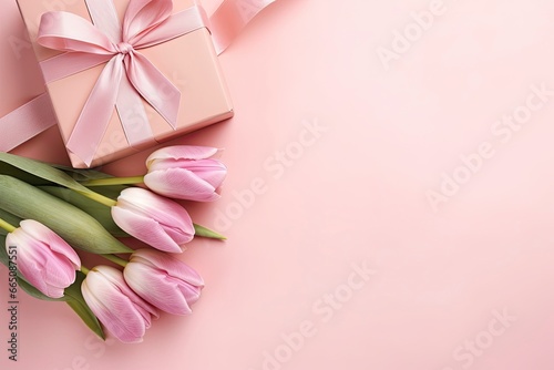 Mother's Day concept. Pink gift box with ribbon bow and a bouquet of tulips. © Anowar