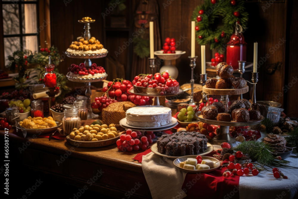 A table full of food and treats in a bright, warm and happy celebrating Christmas.