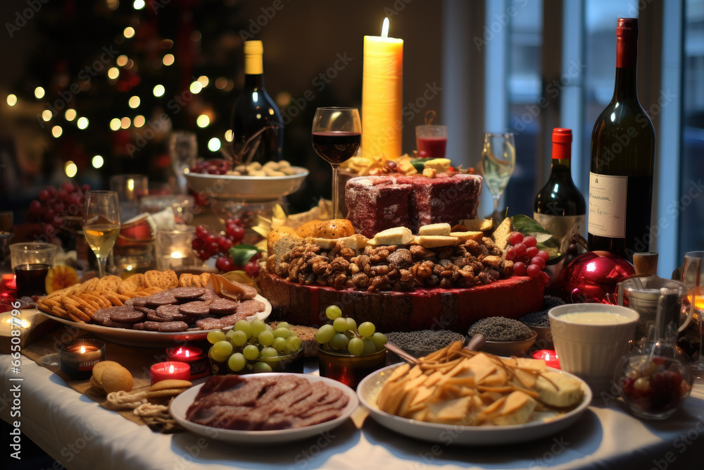 A table full of food and treats in a bright, warm and happy celebrating Christmas.