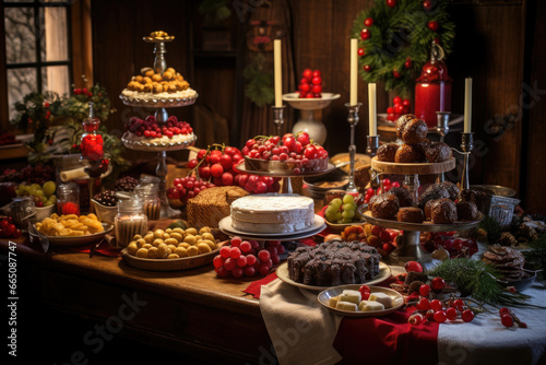 A table full of food and treats in a bright, warm and happy celebrating Christmas. © TANATPON