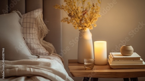 Cozy Retreat: An inviting bedroom setting with a stylish lamp, a book, and glasses on the nightstand. Design your ideal reading corner for relaxation and leisure